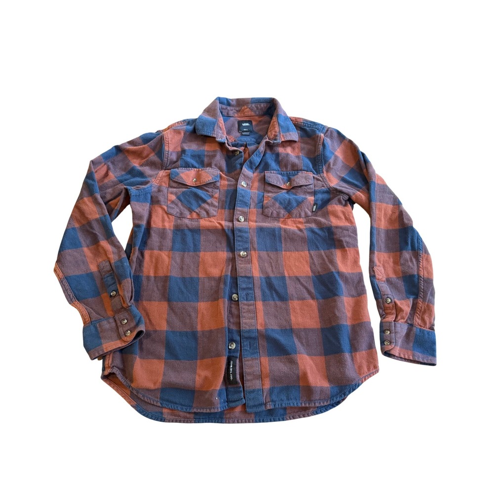 Vans Flannel Shirt Small Orange Navy Blue Plaid Button Down Classic Fit